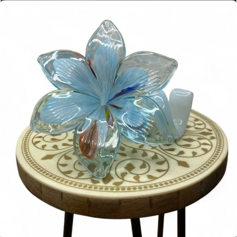 Murano Glass Hand Blown Blue Flower Twisted Stem 4” Italy Art Lily Floral